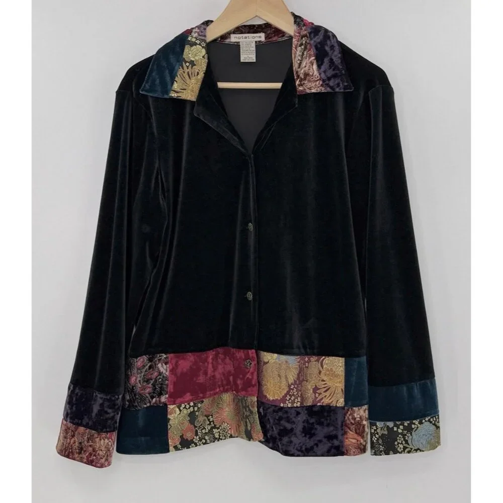 Notations‎ Black Velvet Patchwork Jacquard Bohemian Button Jacket L Art To Wear